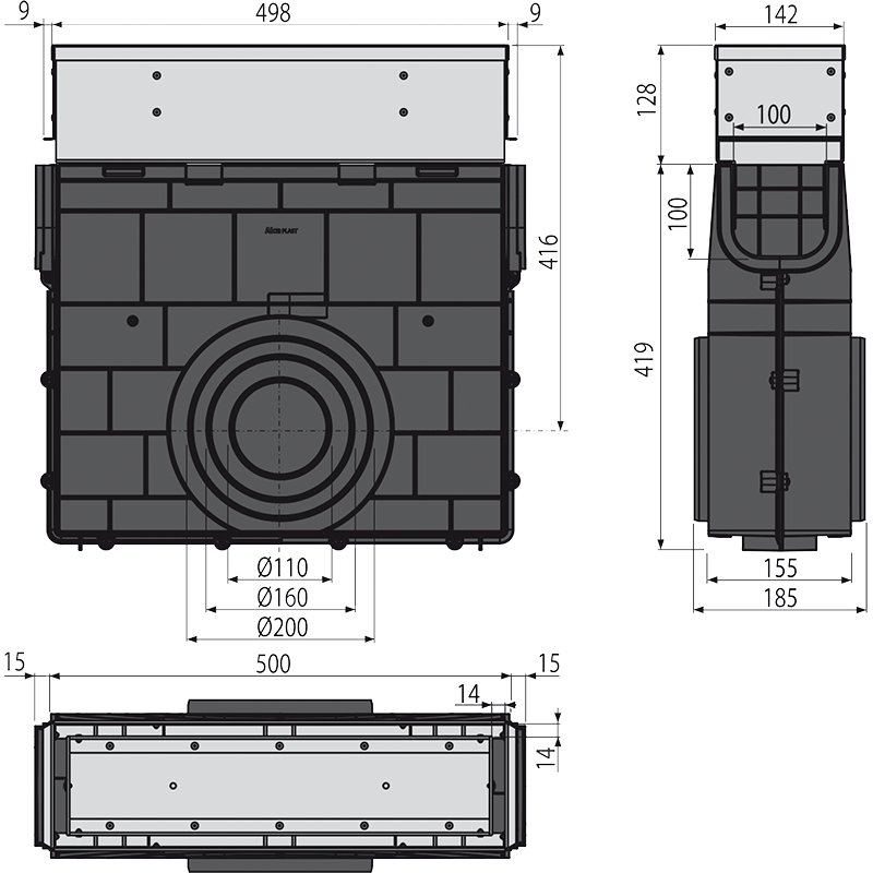 AVZ101R-R321R - Vonkajšia žľabová vpusť štrbinová s asymetrickým revíznym nástavcom 100 mm, nerez